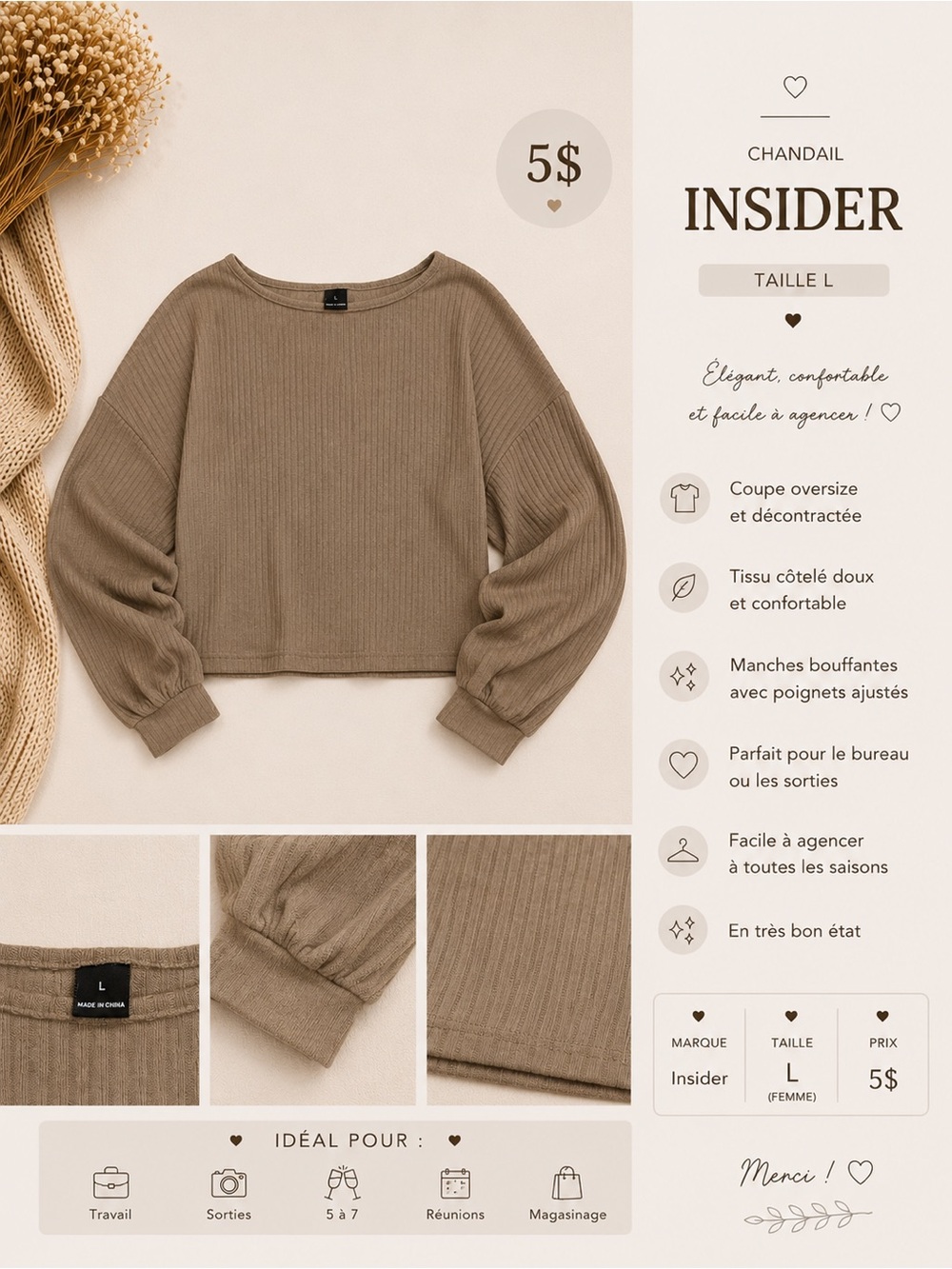 SHEIN Taupe Ribbed Oversized Crewneck Sweater